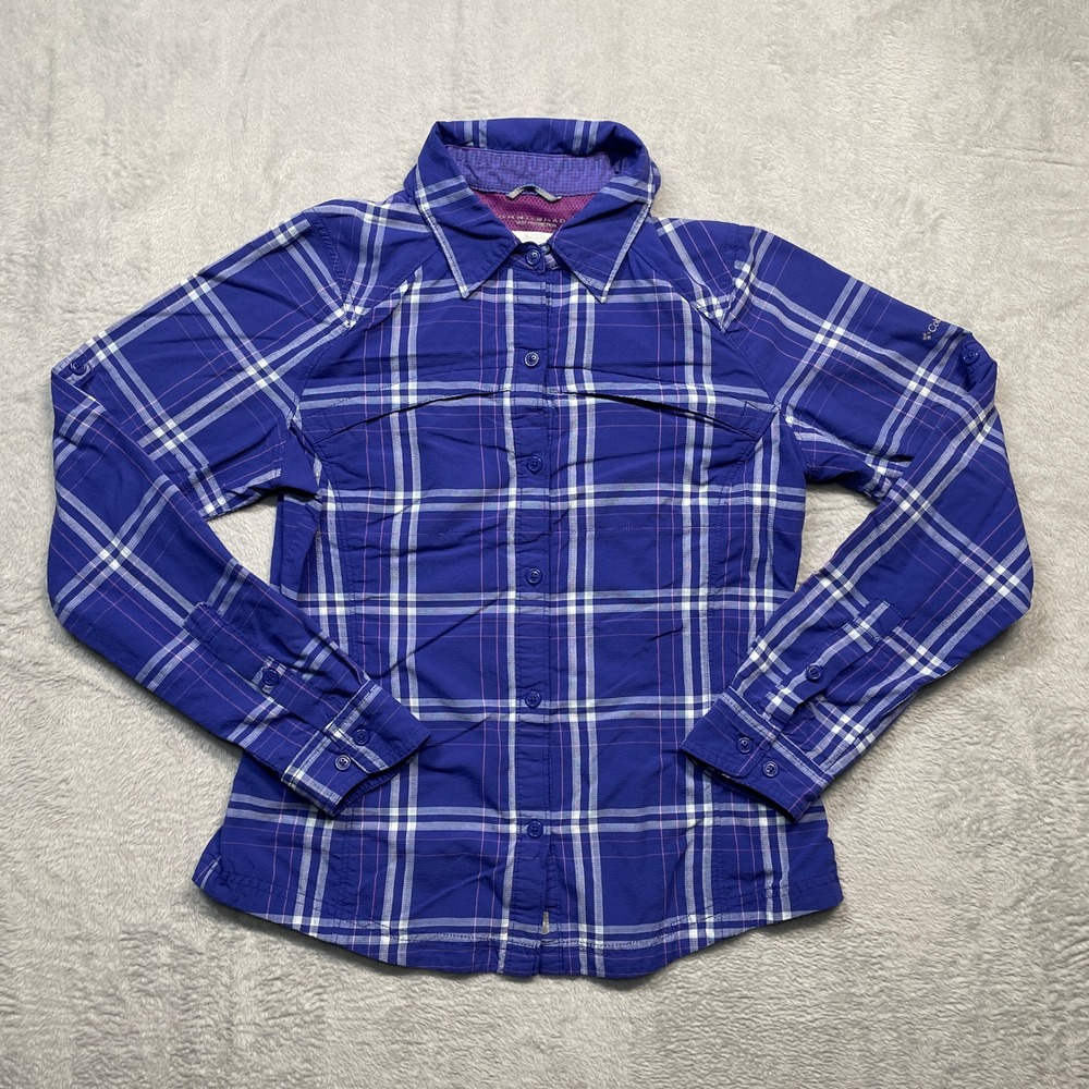 Columbia Button Front Shirt Women Small Purple Plaid Omni-Shade Roll Tab Sleeve